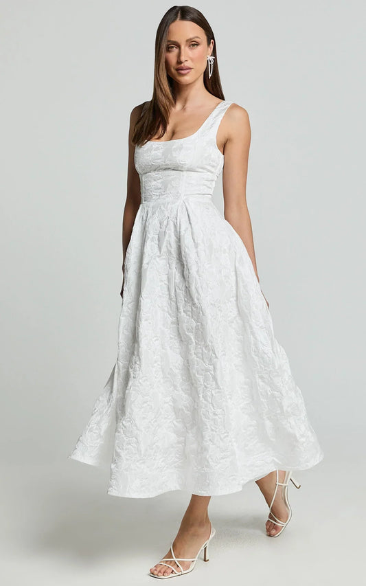 Georgine Midi Dress - Square Neck Fit And Flare Jacquard Dress In Ivory