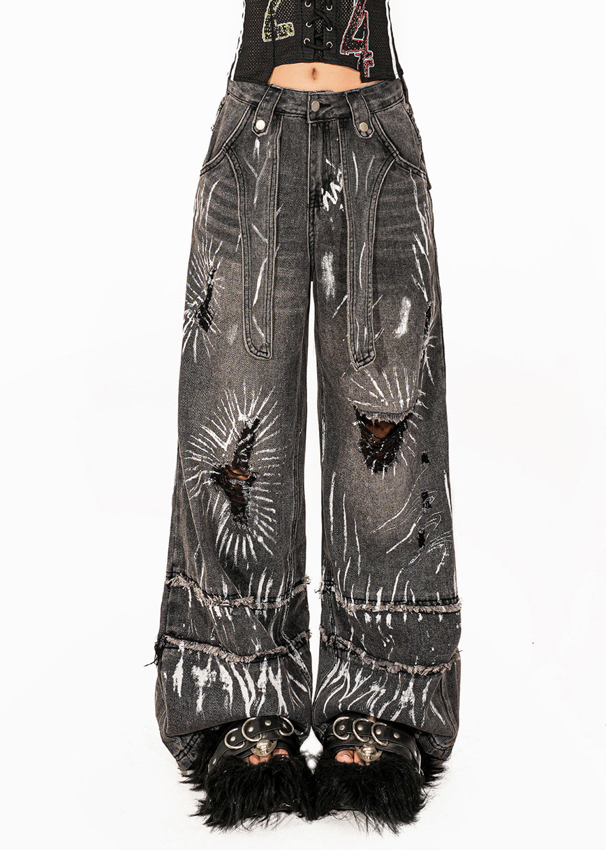 Loose Dark Grey Pockets Tie Dye Hole High Waist Wide Leg Jeans