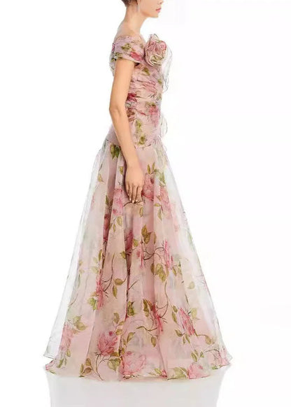 Wedding Pink Ruffled Print Organza Long Dress Summer