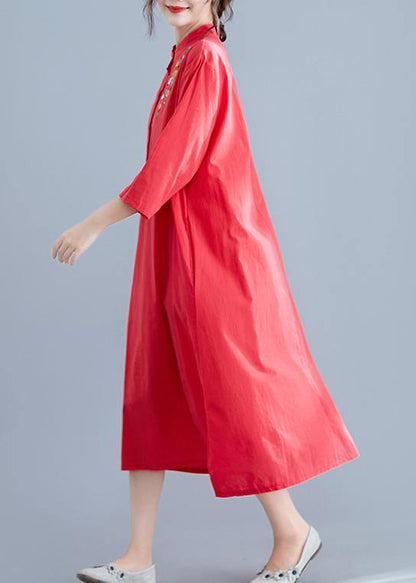Elegant stand collar pockets cotton tunics for women Work Outfits red embroidery Maxi Dresses summer
