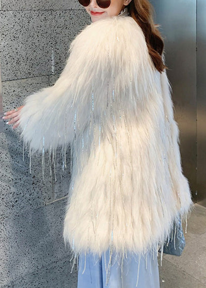 Fashion White Faux Fur Collar Tassel Leather And Fur Long Coats Winter