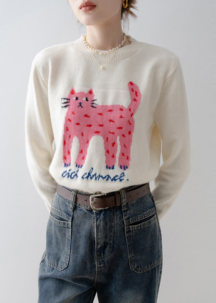 Casual White Cat Jacquard Thick Sweater Tops Winter