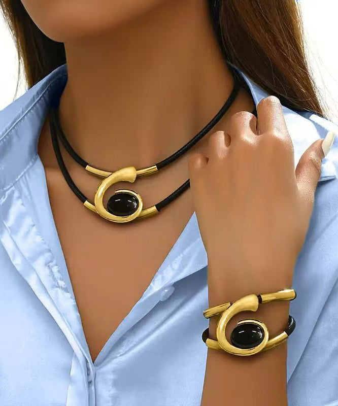 Bohemian Gold Acrylic Gem Stone Necklace And Bracelet Two-Piece Set