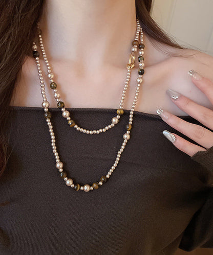 Boho Gold Alloy Pearl Glass Tiger Eye Stone Pendant Necklace