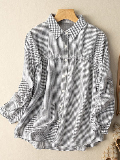 100% Natural Fabric Plaid Literary Retro Commuter Loose Shirt