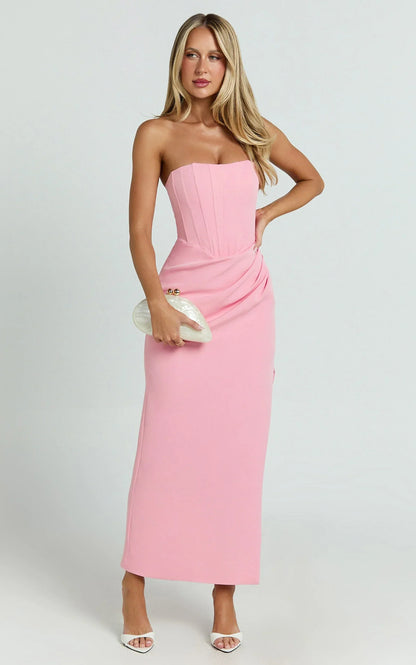 Avery Midi Dress - Strapless Draped Side Split Dress In Pink