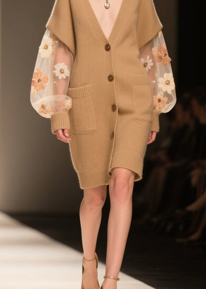Elegant Khaki Pockets Tulle Patchwork Knit Cardigans Fall
