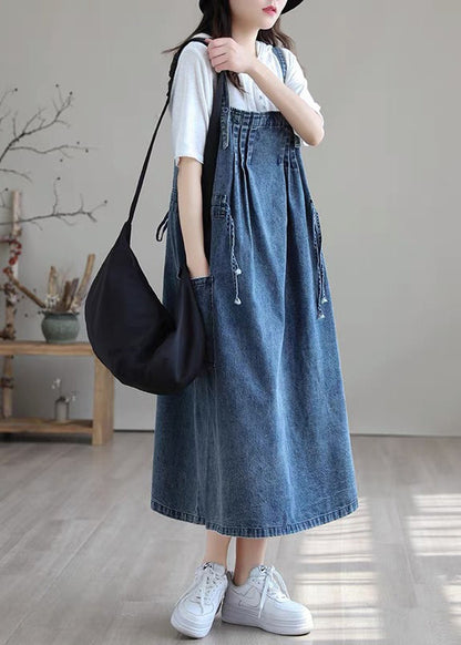 Plus Size Blue drawstring pocket Spaghetti Strap Cotton denim Dress