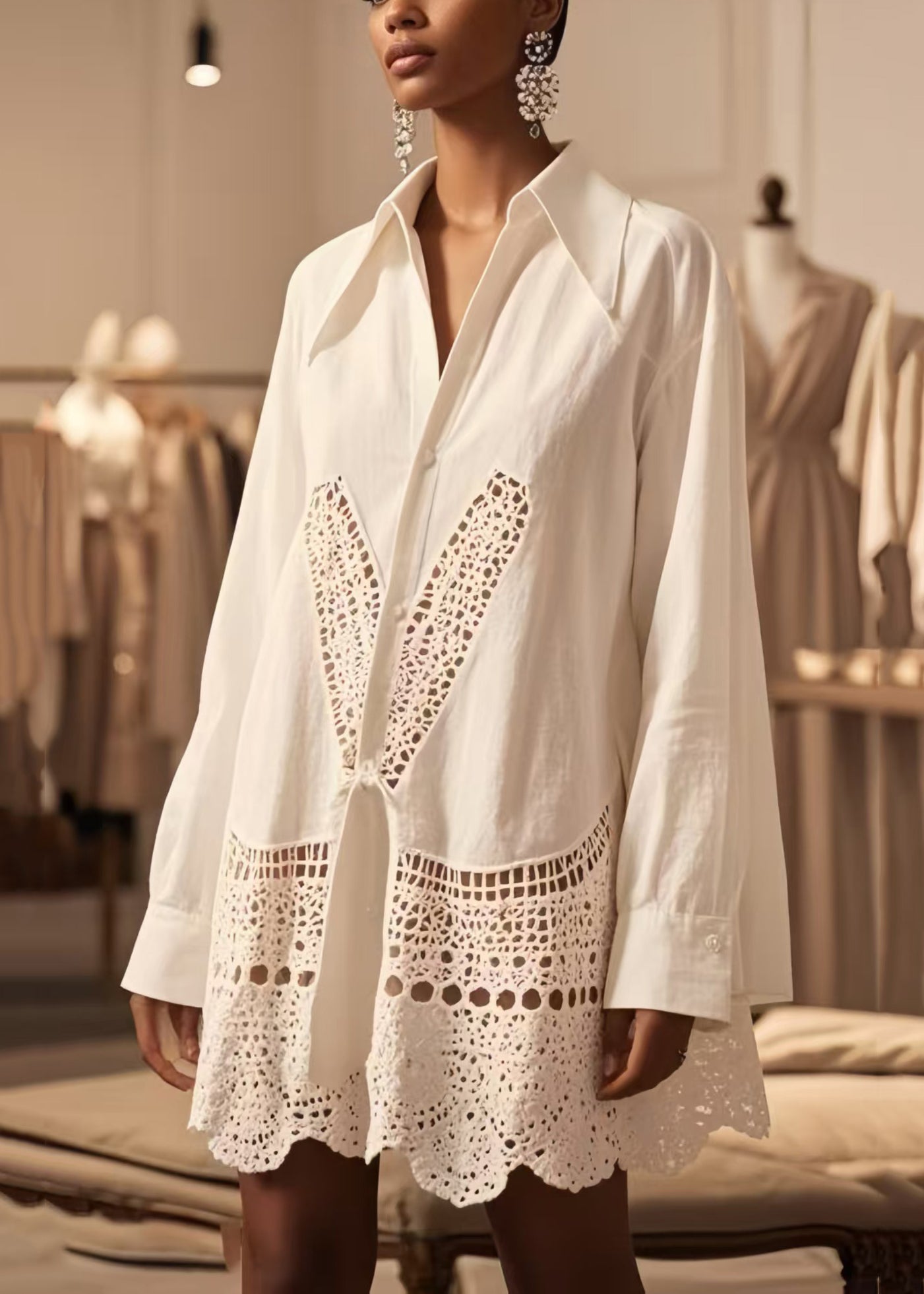 Boho White Oversized Hollow Out Cotton Shirt Tops Spring
