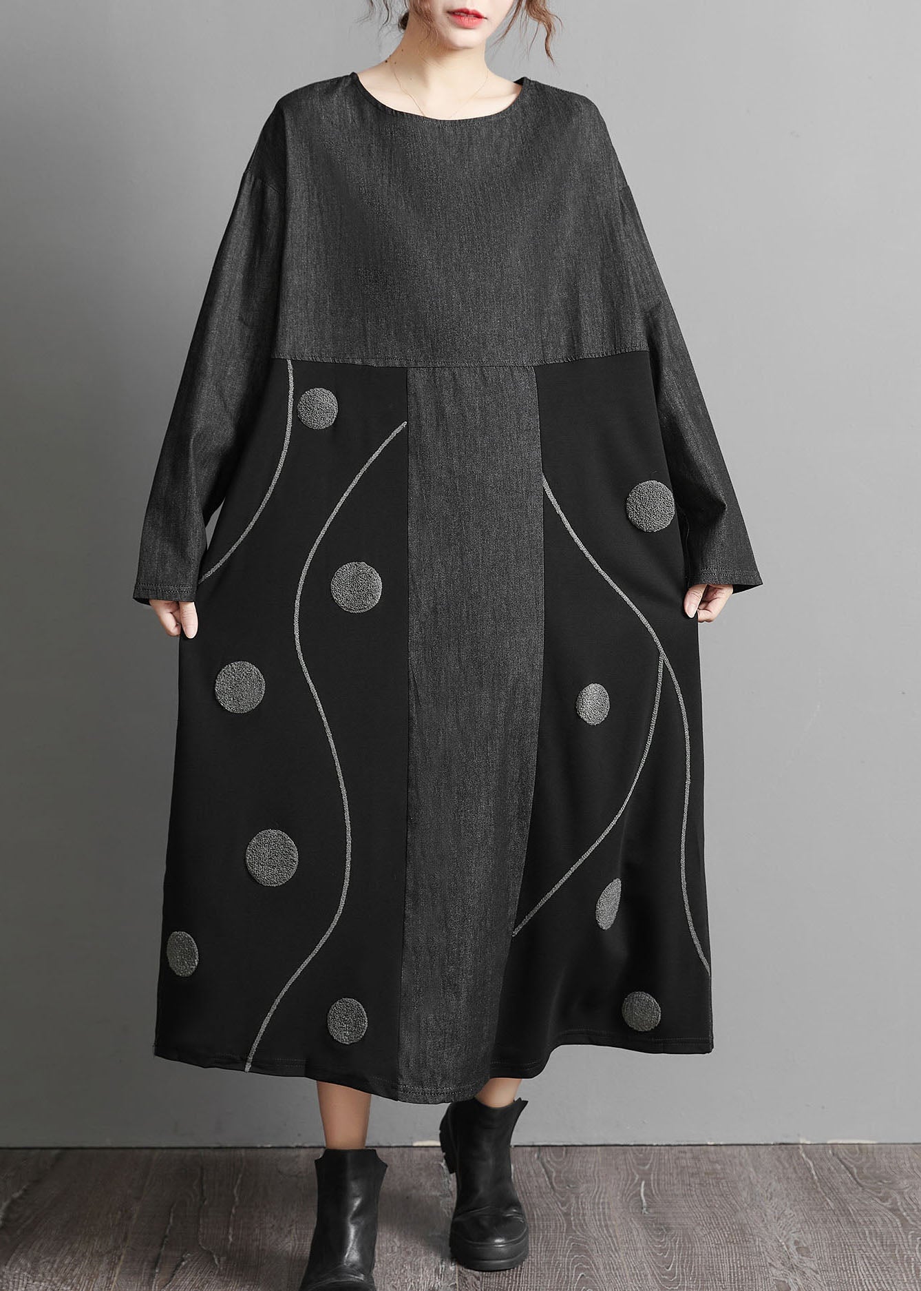 Black Pockets Patchwork denim Maxi Dresses Embroideried