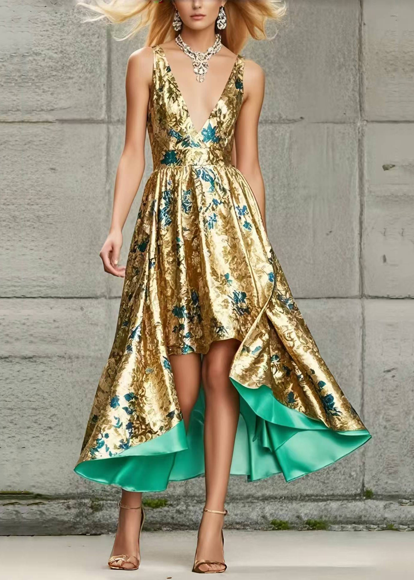 Golden Jacquard Cami Dresses Asymmetrical Exra Large Hem Summer