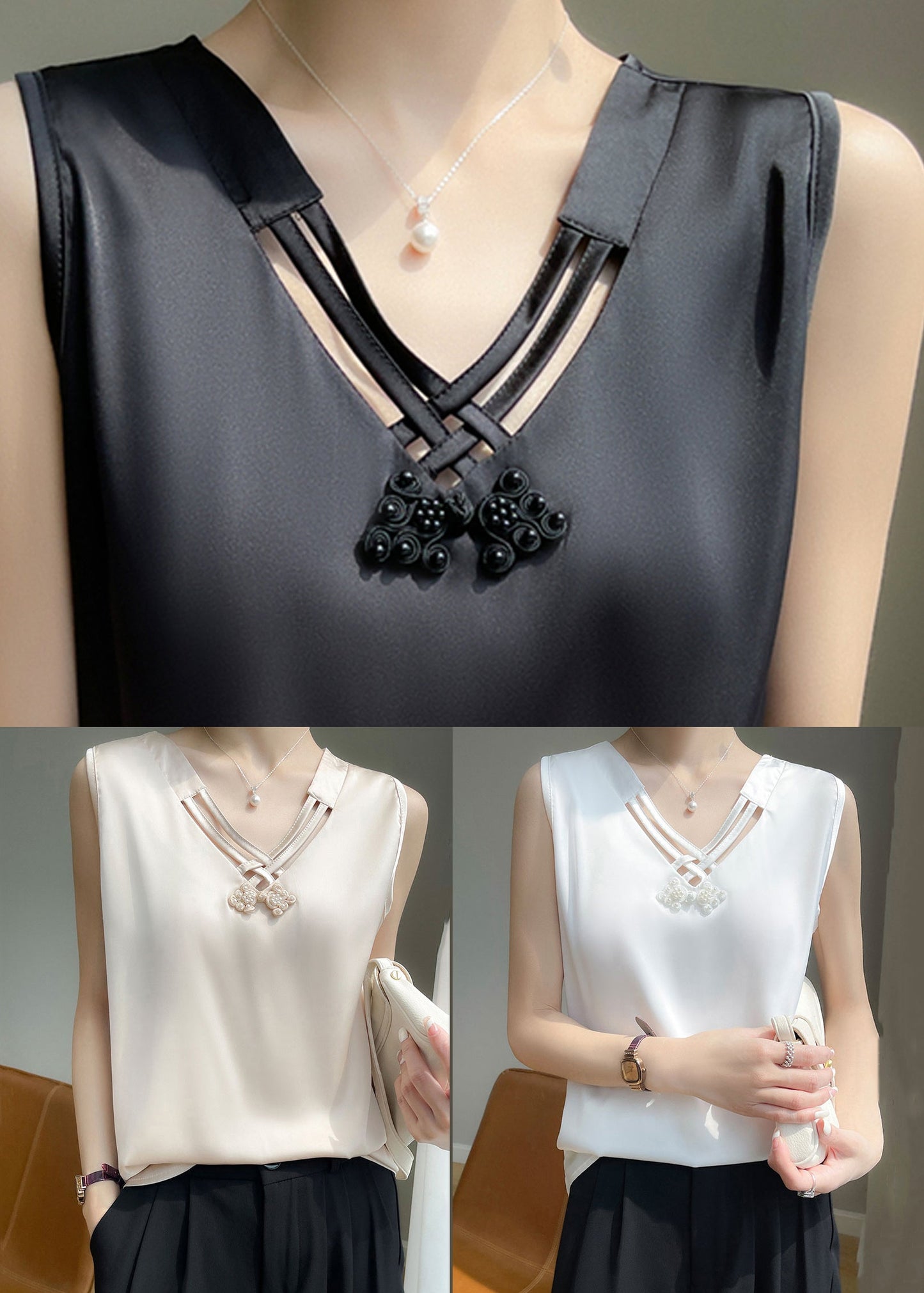 White Nail Bead Solid Silk Tank V Neck Sleeveless