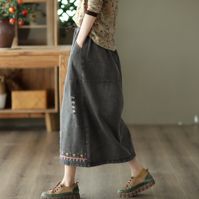 Vintage Embroidered Ripped Denim Slim A-Line Skirt