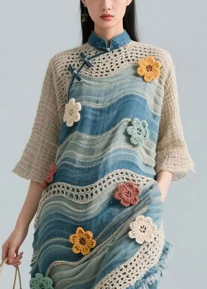 Floral Blue Striped Hollow Out Knit Patchwork Blouses Bracelet Sleeve