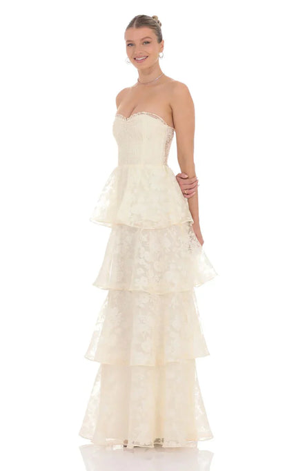 Floral Smocked Ruffle Maxi Dress In Cream