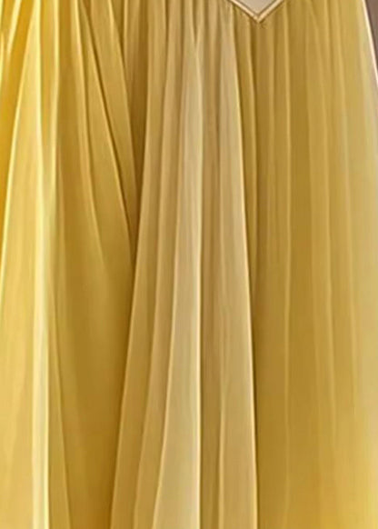 Women Yellow High Waist Wrinkled Patchwork Tulle Skirt Fall