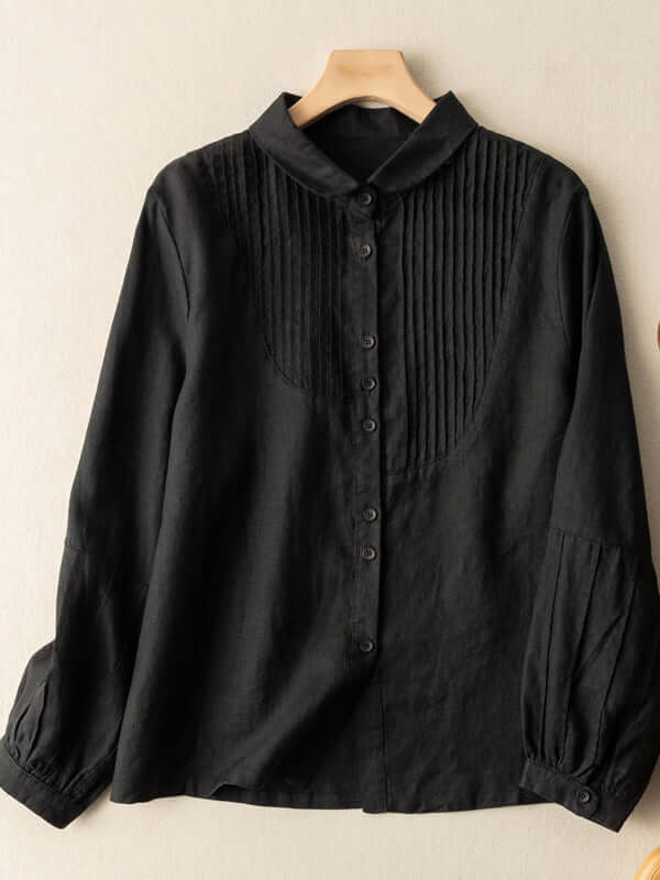100% Linen Pleated Long Sleeve Casual Shirt In Solid Color