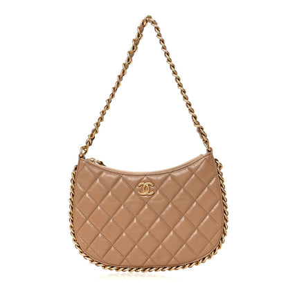 Shiny Crumpled Lambskin Quilted Trendy Chain Around Hobo Dark Beige