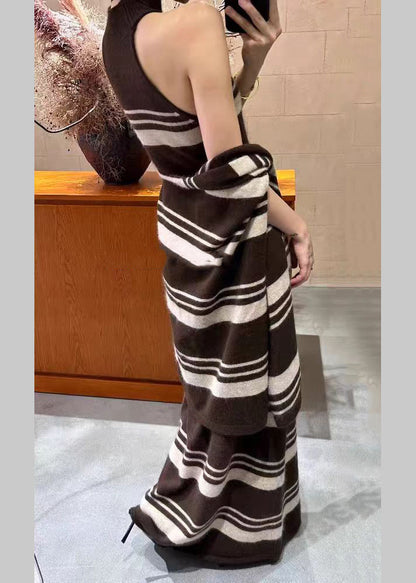 Chic Brown Striped Cardigans And Sweater Dress Knit Two Pieces Set Fall