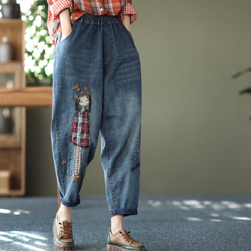 Retro Embroidery Loose Casual Cotton Jeans
