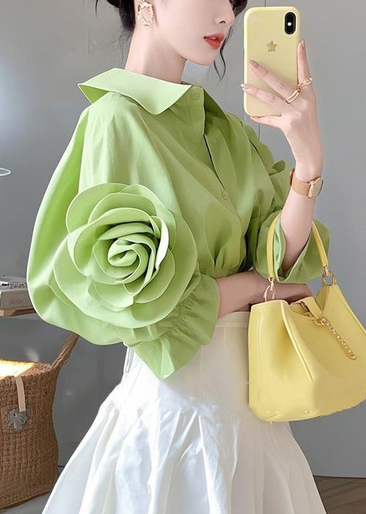 Floral Green Peter Pan Collar Button Cotton Blouses Half sleeve