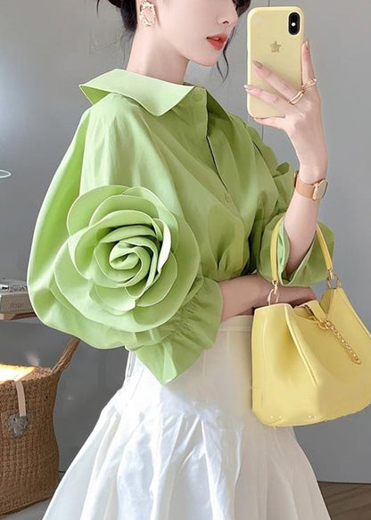 Floral Green Peter Pan Collar Button Cotton Blouses Half sleeve