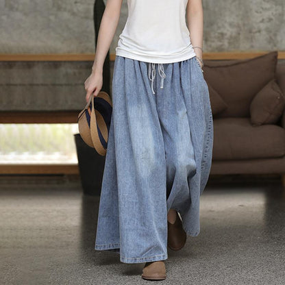 Plus Size - Casual Drawstring Blue Denim Wide Leg Pants