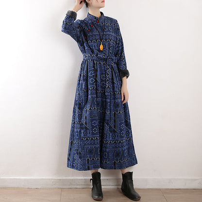 Winter Retro Print Cotton Linen Furred Dress