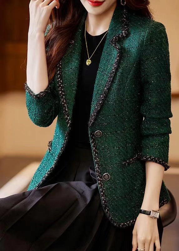 Vintage Peacock Green Patchwork Woolen Coat Spring