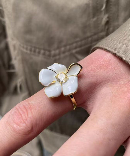 Chic White Copper Overgild Zircon Floral Open Rings