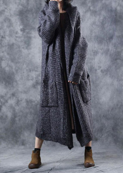 Winter hooded knitwear plus size clothing gray thick big pockets knitted cardigans