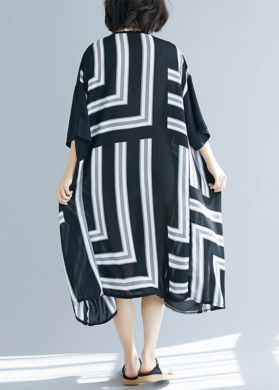DIY o neck patchwork chiffon Long Shirts Fitted Life black striped Maxi Dresses Summer