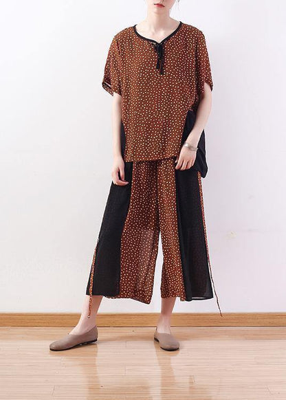 2019 khaki casual two pieces chiffon dotted tops and patchwork wide leg pants