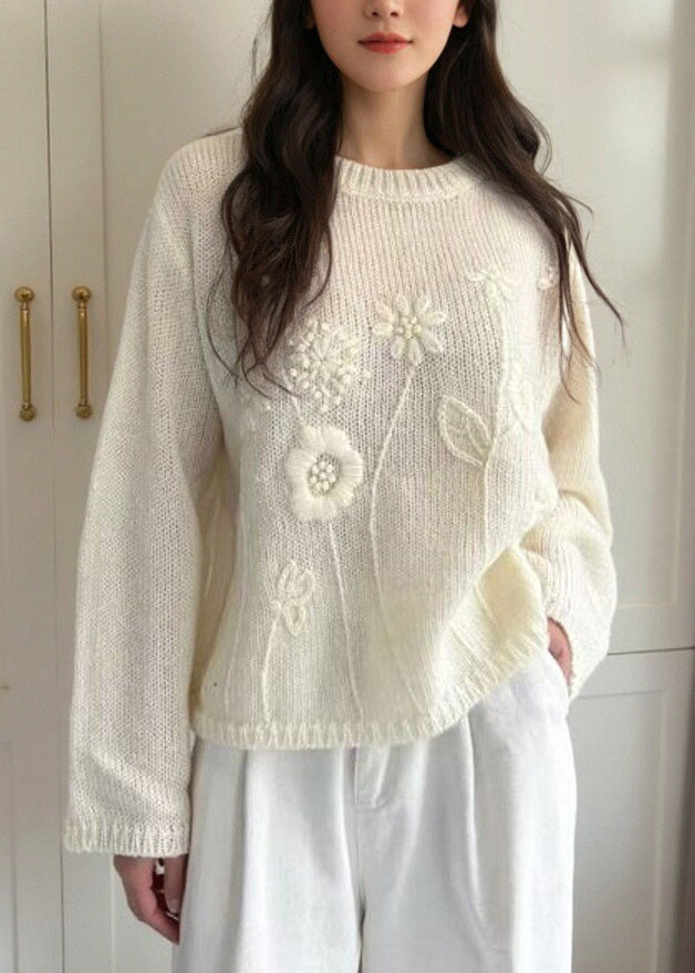 Loose Pink O-Neck Solid Cotton Knit Sweater Fall