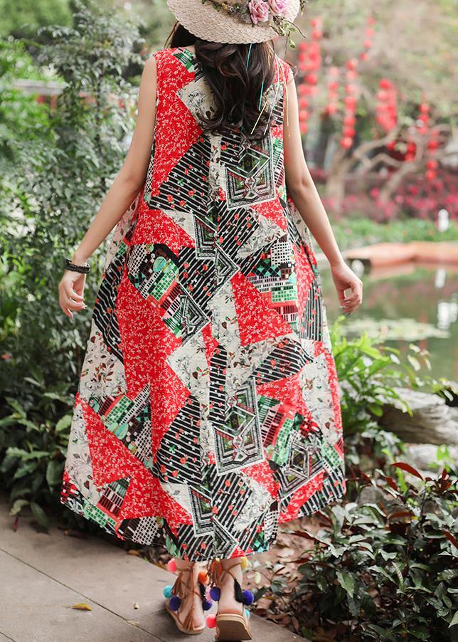 Bohemian red print cotton clothes Women sleeveless tie waist A Line summer Dresses