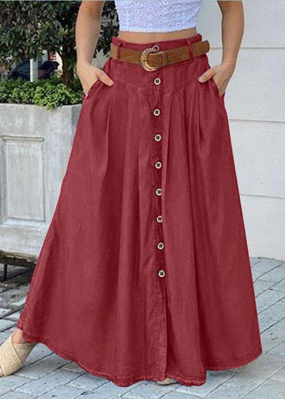 Women Solid Color Print1 Bottom Front Loose Casual Long Skirt With Pocket
