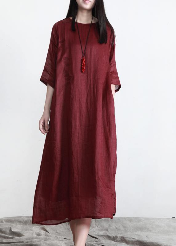 Classy Red O-Neck Linen Half Sleeve Summer Dresses