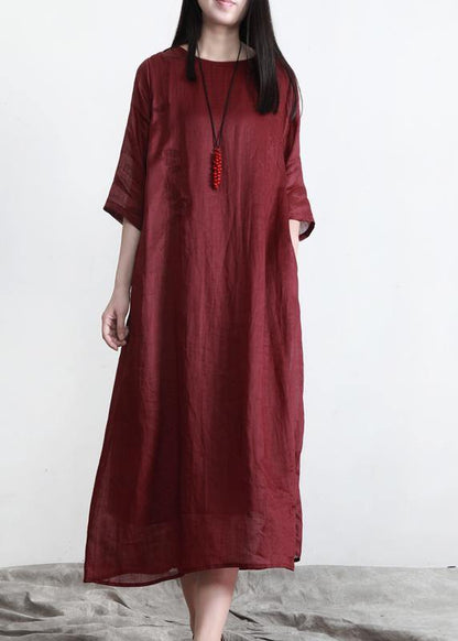 Classy Red O-Neck Linen Half Sleeve Summer Dresses