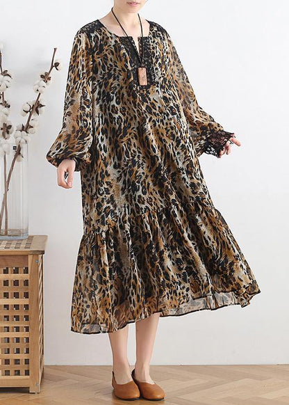 Simple lapel patchwork chiffon dress Casual Work Outfits Leopard A Line Dress