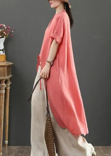 Loose stand collar asymmetric linen shirts Tutorials red tops