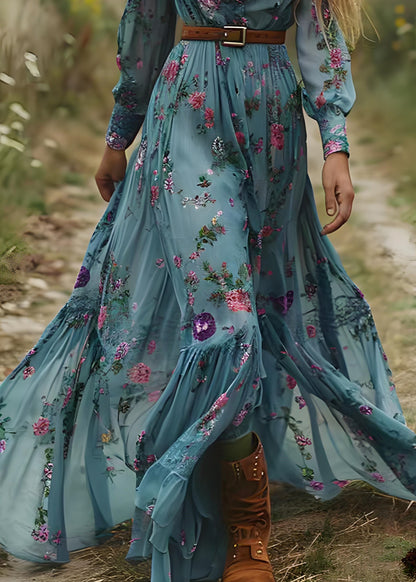 Bohemian Blue Ruffled Print Patchwork Chiffon Long Dress Spring