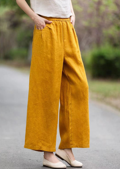 Women Yellow Elastic Waist Pockets Linen Pants Summer