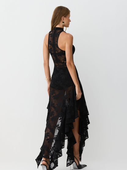 Black Lace Sheer High Neck Sleeveless Asymmetric Hem Midi Dress