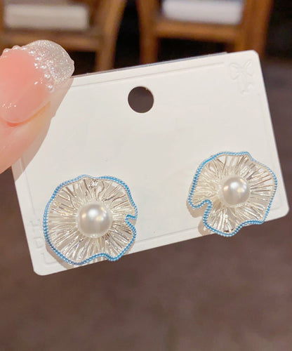 Boutique Blue Sterling Silver Alloy Hollow Out Floral Stud Earrings