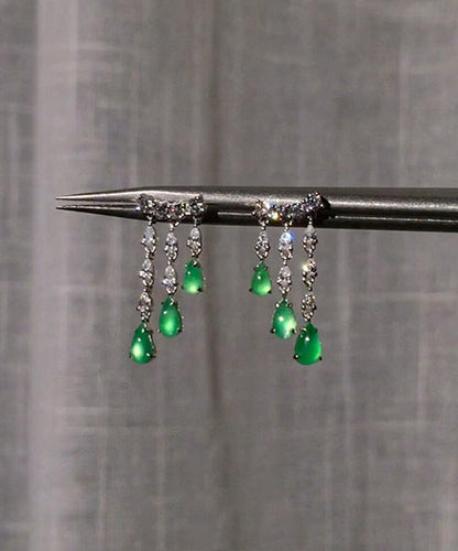 Casual Green Sterling Silver Chalcedony Water Drop Tassel Drop Earrings
