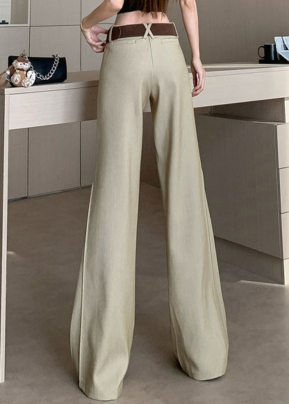 Women Khaki Pockets Patchwork High Waist Wide Leg Pants Spring