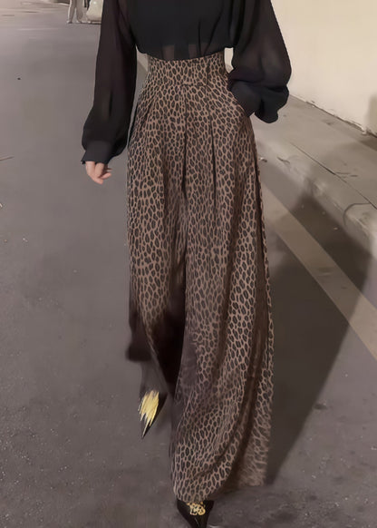 Chic Leopard Pockets High Waist Cotton Wide Leg Pants Fall