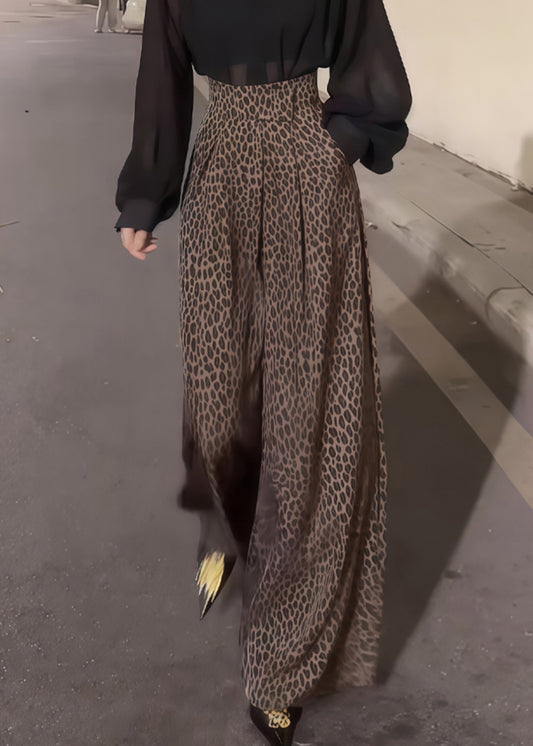 Chic Leopard Pockets High Waist Cotton Wide Leg Pants Fall