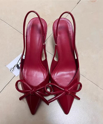 Elegant Bow Splicing Stiletto High Heels Red Faux Leather