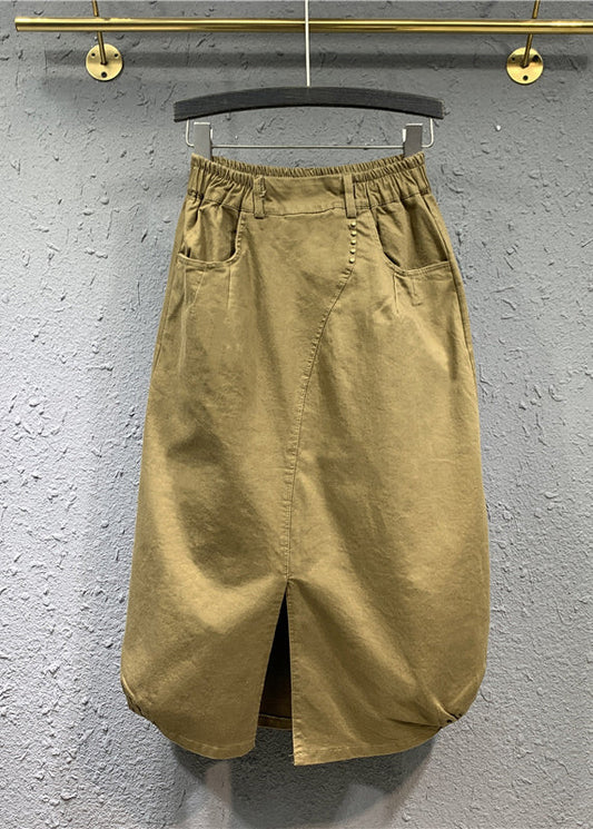 Casual Khaki Wrinkled Pockets Patchwork Cotton Skirts Fall